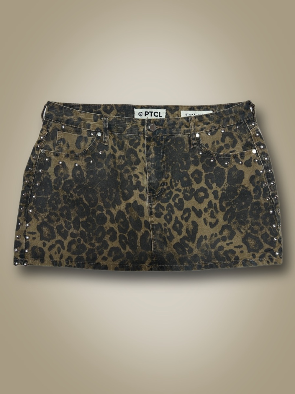 PTCL leopard print denim mini skirt with silver studs